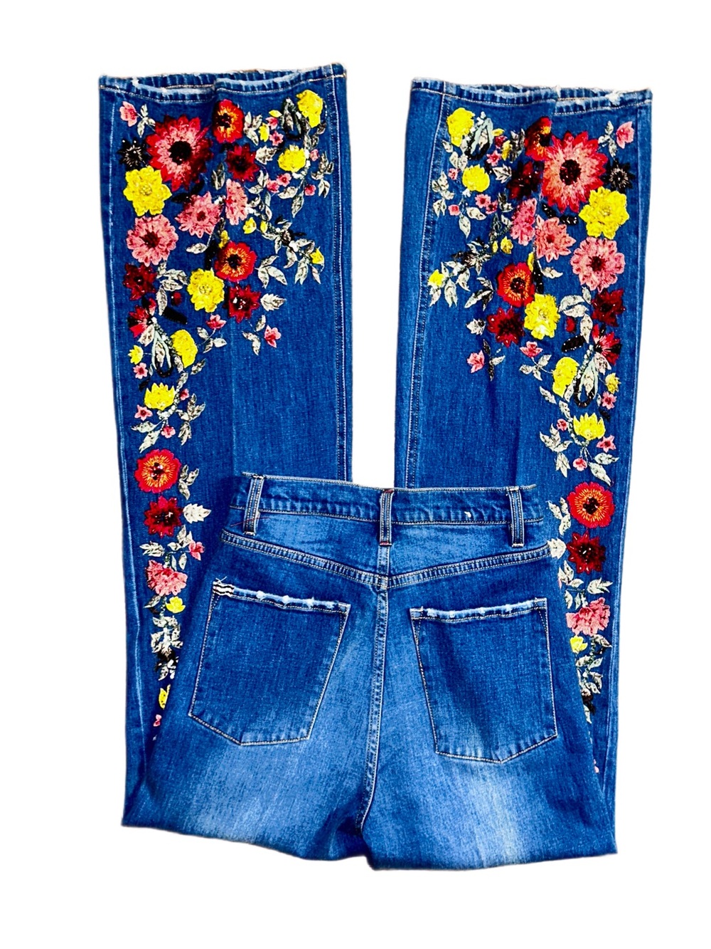 Alice + Olivia ~ Size 27 ~ Blue Denim W/ Multi-Colors Embroidery Floral Jeans - Picture 9 of 16
